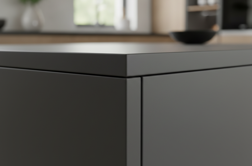 Close-up of a luxury cabinet door showing a seamless zero glue line edge banding finish on a matte surface.